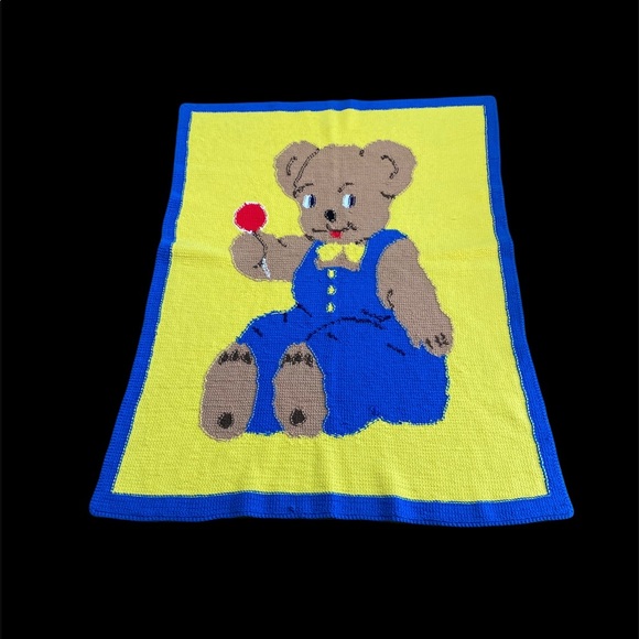 VTG Hand Knitted By Grandma Baby Afghan Blanket 45"x56" Bear Blue 1 Of a kind - Picture 5 of 10